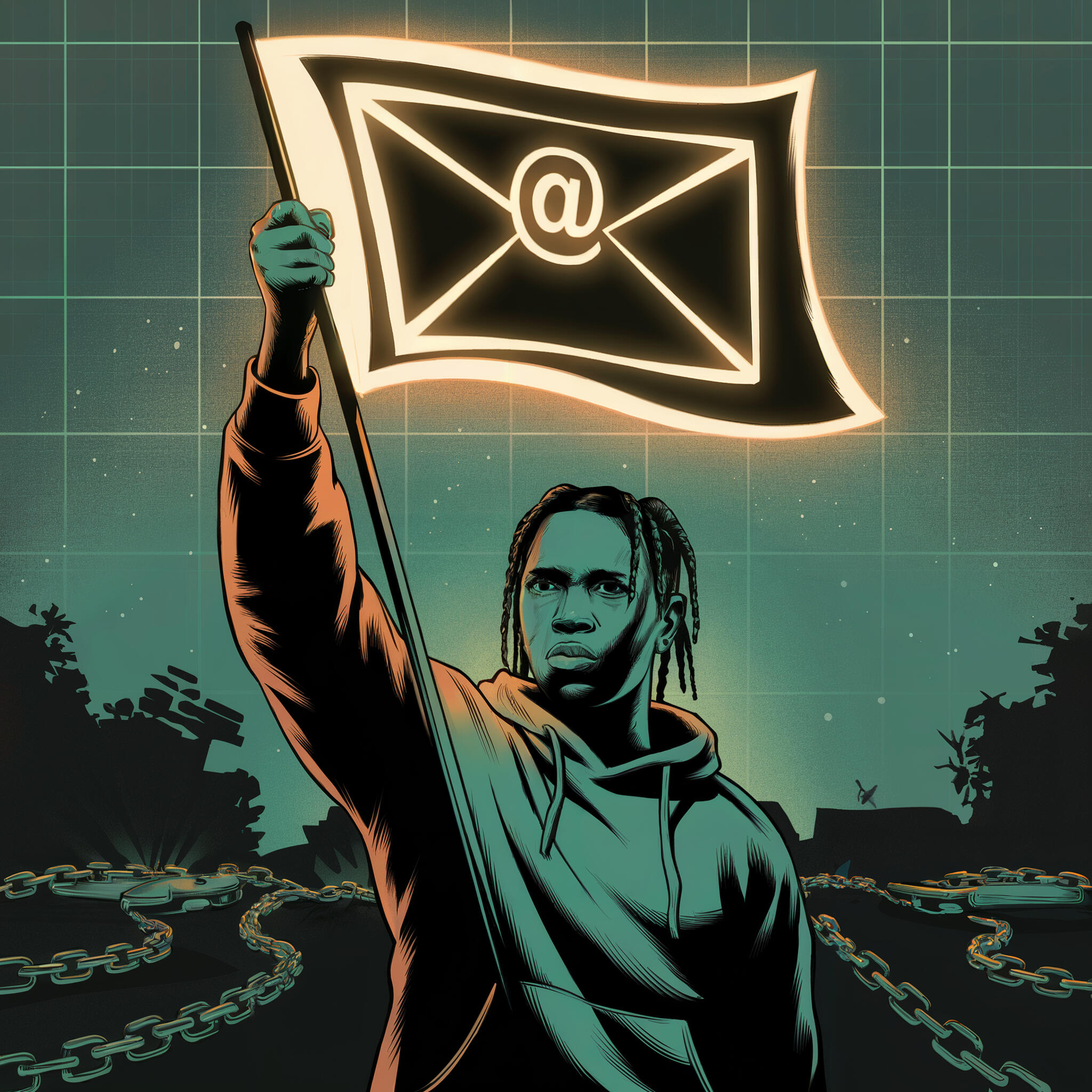 We Move Different A medium shot of a confident African Born in America/Black (ABiAn™) person with a side profile. The person has a serious expression and is staring ahead. There is a glitch effect on the person's face, with pixels and lines distorting their features. The ba