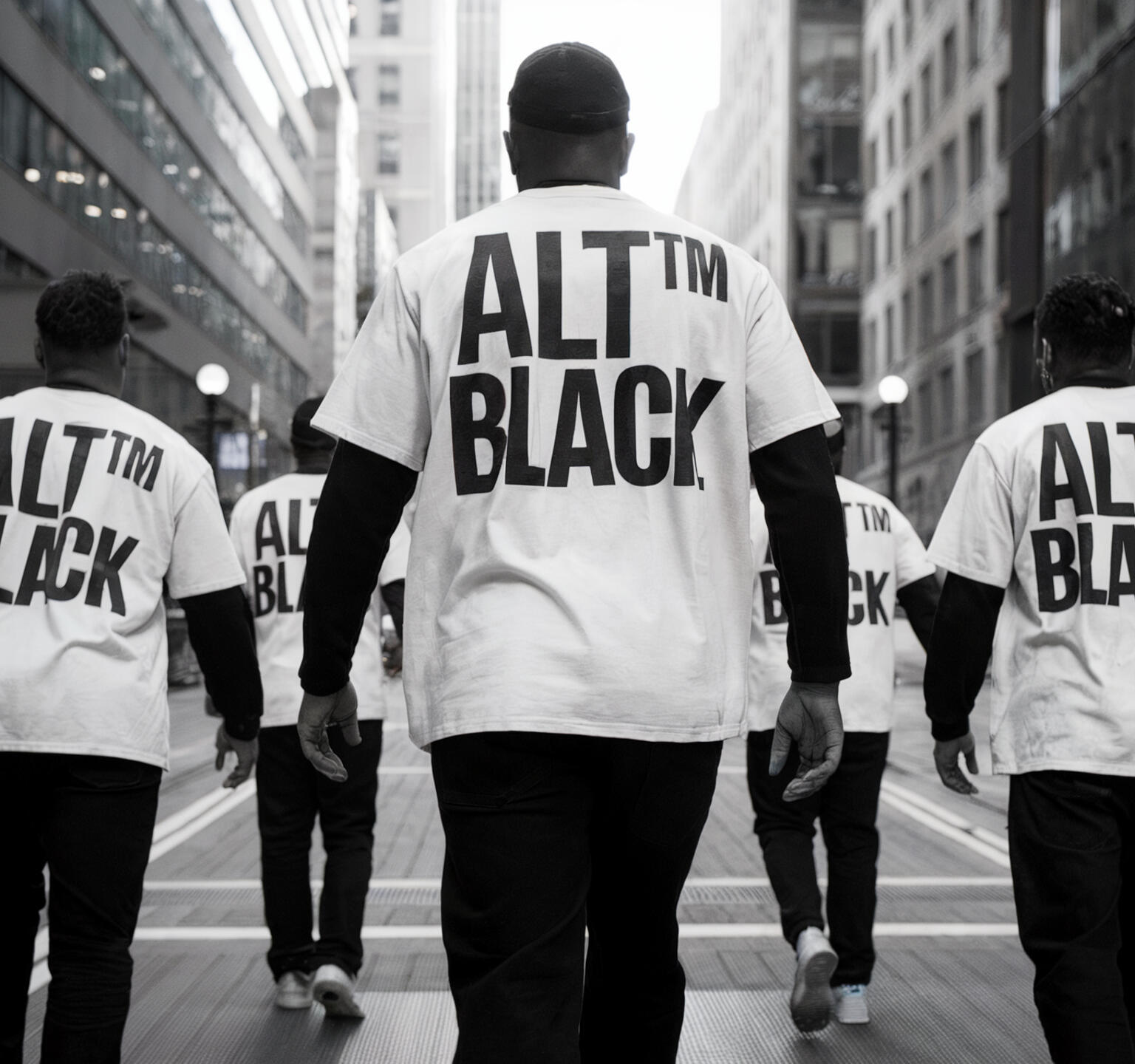 "A Living Tribute" | ALT™ A cinematic shot of several ABiAn™ (Afrikans Born in America) figures striding forward in synchronized, slow-motion energy—think of a revolution in action. They are wearing the "ALT™ BLACK™" clothing line, which features bold, black text on white shirts. T