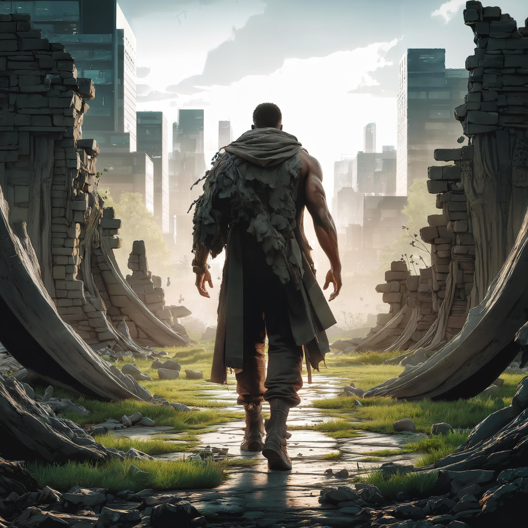 Leave It Behind A cinematic shot of a strong African Born in America/Black figure walking away from the ruins of an outdated world, stepping into light and clarity. The figure is in a world of Thrival, parity, and prosperity. The background contains a city with modern arc