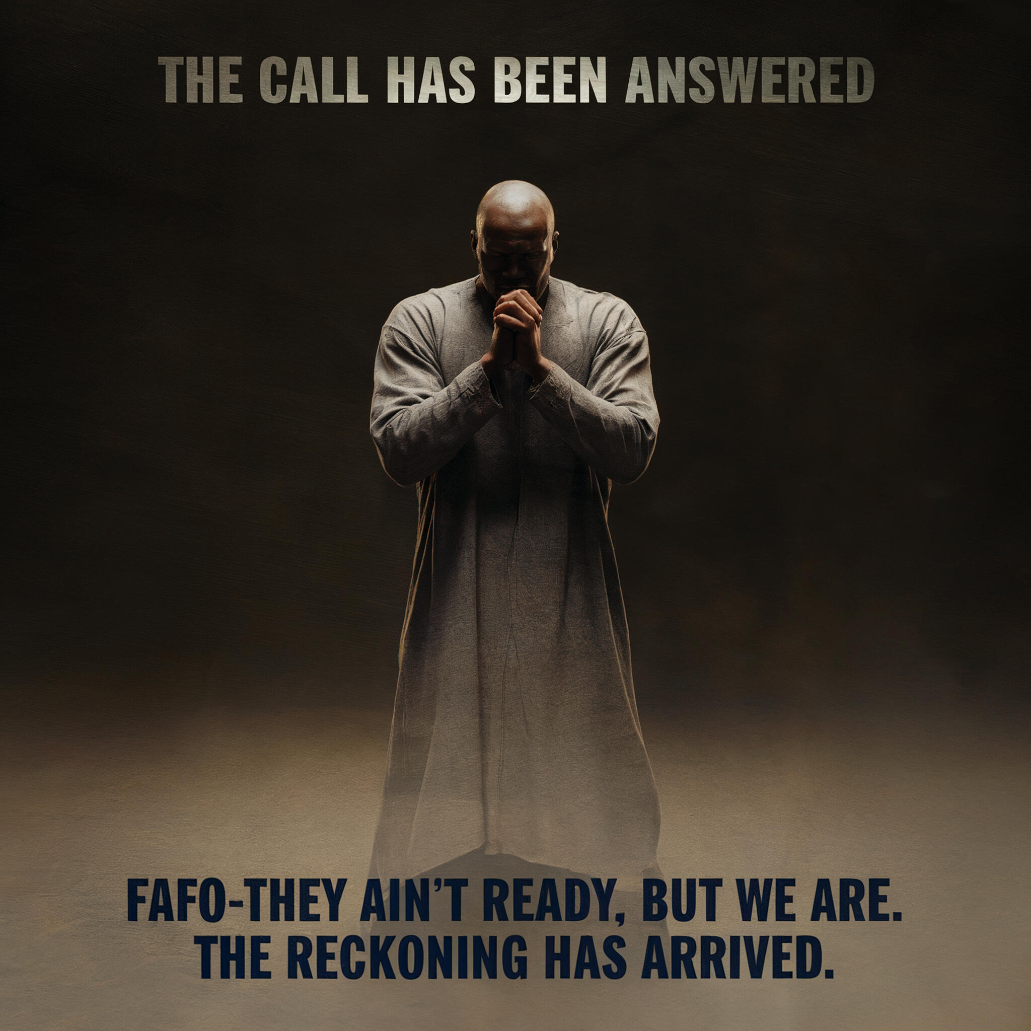 Because We Make Them See A photo of a strong, wise, and ready ABiAn™ Man standing firm with hands folded, facing down an unseen challenge with quiet power. The background is dark. Above the figure's head, the text "The Call Has Been Answered" is written in bold letters. Below the